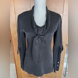 FEREL CHILDE New York Black Silk Blouse with Long Sleeves & Tie Neck, Size Small